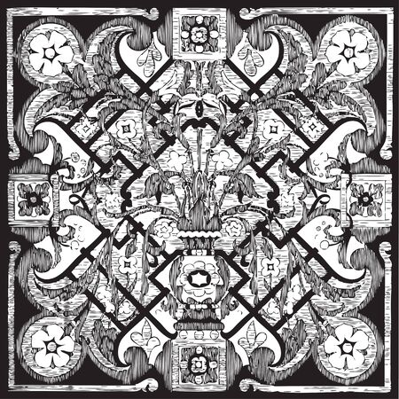 Vector hand drawn floral pattern tile background from black and white ornamentsのイラスト素材