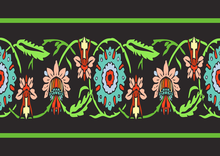Colorful vintage wildflowers border floral background seamless vector horizontal illustration ethnic stile on black backgroundのイラスト素材