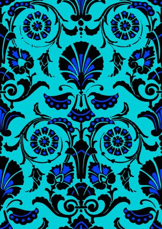 Blue and black Seamless abstract hand-drawn floral pattern, vintage background.のイラスト素材