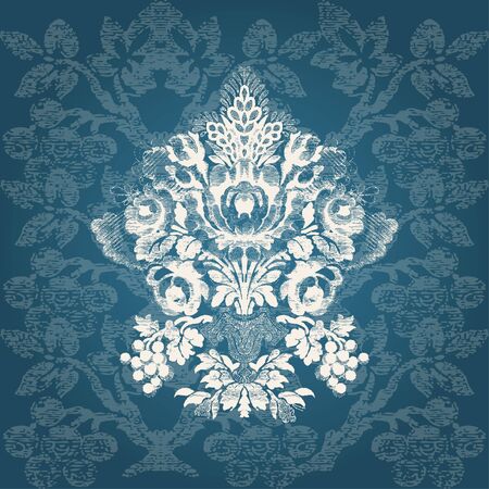 vintage  luxury bouquet of flowers in the grunge background for invitations, greeting cards, web page, pattern fills, or textile. White flowers on blue backgroundのイラスト素材