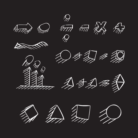 Thin hand drawn arrows, geometric shapes with shadow, mathematical signs painted white pen on black background. Doodle, sketch. Vector set.のイラスト素材