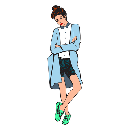 Beautiful young women in a fashion shorts and sneakers. Cute young women in a fashion jacket. Vector drawing illustration isolated on white background.のイラスト素材