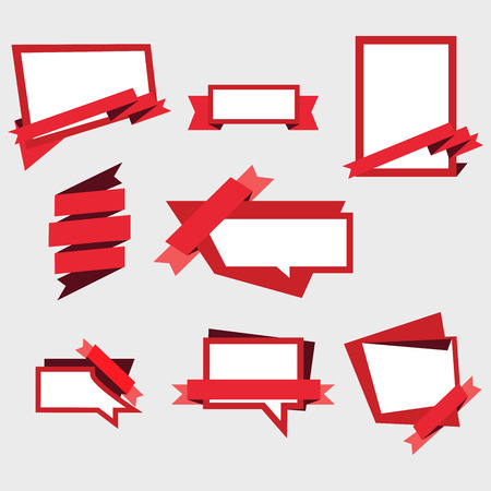 Vector set announcement banner, stickers and labels with ribbons of business sale isolated of gray background. Red, white colors, colorful vintageのイラスト素材