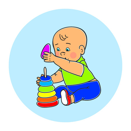Little lovely baby boy playing with toys. Kid plays with pyramid. Kid plays with constructor train from geometric shapes. Kid builds house from cubes. Colorful vector illustrationのイラスト素材