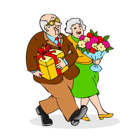 Happy elderly couple with a bouquet of flowers and a gift. Funny older man and a woman go on celebration. Festively dressed old couple. Colorful cartoon vector illustration on white backgroundのイラスト素材