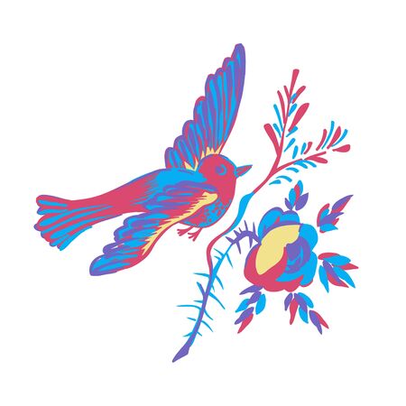 Bird flying isolated white branch flower rose greeting card celebrate gift illustration pigeon invitation message design element doodlesのイラスト素材