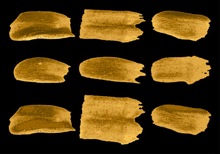 Vector brush stroke gold paint abstract on black background set hand drawing design art, golden color grunge texture frame for greeting card, invitation, Christmas, weddingのイラスト素材