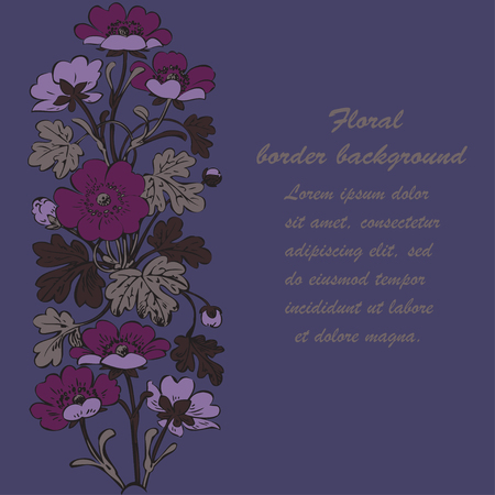 Floral bush retro on purple background vector, hand drawn decorative flower vintage contour, closeup branch with flowers and buds print designのイラスト素材