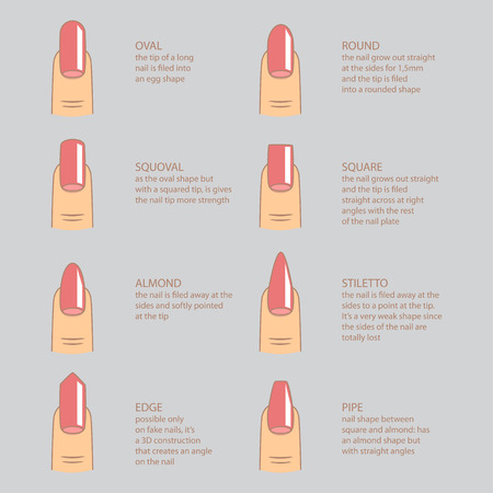 Set of different shapes of nails on gray. Nail shape icons. Manicure polish.のイラスト素材