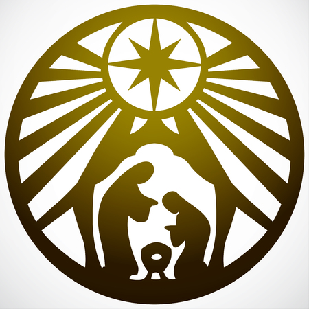 Holy family Christian silhouette icon illustration gold on white background. Scene of the Holy Bibleのイラスト素材