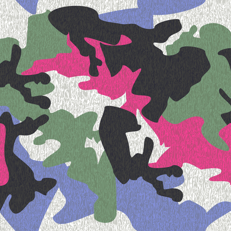 Camouflage pattern background seamless clothing print, repeatable camo glamour grunge of scratch vector. Pink, green, grey, black, blueのイラスト素材