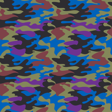 Camouflage pattern background seamless clothing print, repeatable camo glamour vector. Blue, purple, black, oliveのイラスト素材