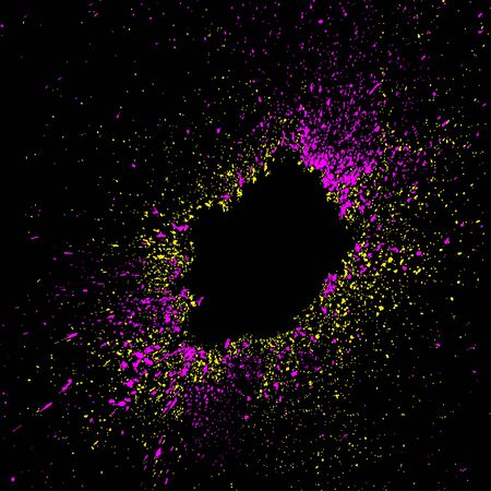 Colorful acrylic explosion paint splatter vector. Small drops, spots of color isolated on black...