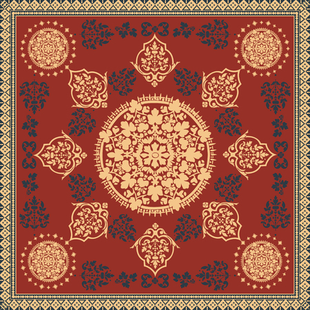 Victorian floral paisley medallion ornamental rug vector. Ethnic mandala towel frame. Vintage flower tile. Textile, greeting business card, coloring book, phone case printのイラスト素材
