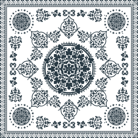 Victorian floral paisley medallion ornamental rug vector. Ethnic mandala towel frame. Vintage flower tile. Black and white. Textile, greeting business card, coloring book, phone case printのイラスト素材