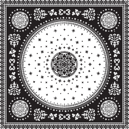 Victorian floral paisley medallion ornamental rug vector. Ethnic mandala towel frame. Vintage flower tile. Black and white. Textile, greeting business card, coloring book, phone case printのイラスト素材