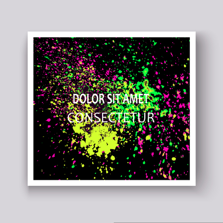 Neon colorful explosion paint splatter artistic covers design. Decorative bright texture splash spray on black background.のイラスト素材