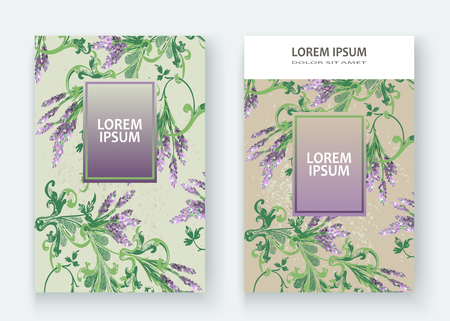 Lavender floral pattern cover design. Hand drawn creative flower. Elegant trendy artistic background blossom greenery branche. Graphic illustration wedding, invitation, poster, greeting card, cover book, catalog vectorのイラスト素材