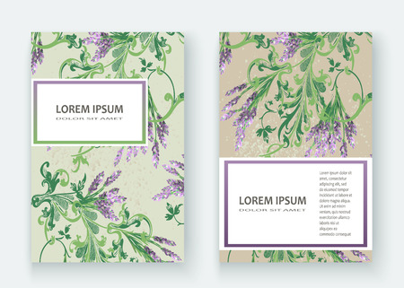 Lavender floral pattern cover design. Hand drawn creative flower. Elegant trendy artistic background blossom greenery branche. Graphic illustration wedding, invitation, poster, greeting card, cover book, catalog vectorのイラスト素材