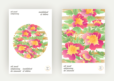 Greeting cards with flower rose wreath leaves with gold lines white geometric trendy background wedding ornament pink floral magazine poster invite. Graphic illustration wedding, cover, product, vectorのイラスト素材