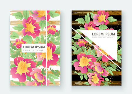 Greeting cards with flower rose wreath leaves with gold lines white geometric trendy background wedding ornament pink floral magazine poster invite. Graphic illustration wedding, cover, product, vectorのイラスト素材