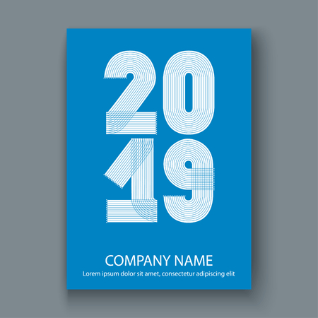 Cover Annual Report numbers 2019, modern design white on blue background vertical, year 2019 in thin lines striped minimalist, written with a pen, vector illustrationのイラスト素材
