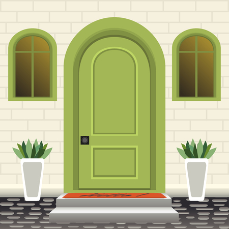 House door front with doorstep and steps, mat, flowers in pots, building entry facade, exterior entrance with brick wall design illustration vector in flat styleのイラスト素材