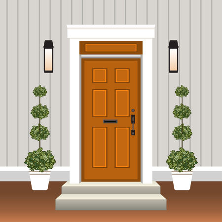 House door front with doorstep and steps, window, lamp, flowers in pot, building entry facade, exterior entrance design illustration vector in flat styleのイラスト素材