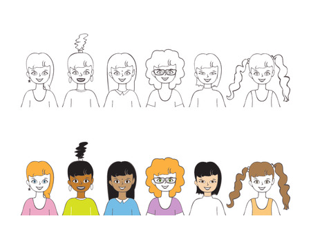 Set of cute girls  hand drawn outline style design vector illustration isolated. Cartoon flat iconsのイラスト素材