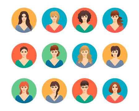 Smiling people portraits women girls, faces and shoulders avatars set isolated vector illustration. Cartoon flat icons. Characters for webのイラスト素材