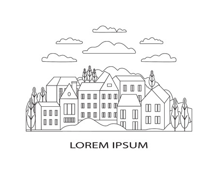 Thin line outline landscape rural farm. Panorama outdoor design village modern with mountain, hill, tree, sky, cloud and sun. Line art stile abstract backround, linear vector illustrationのイラスト素材