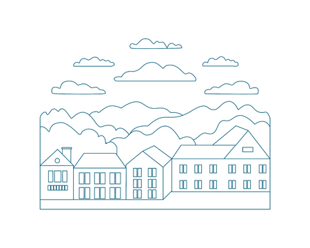 Thin line outline landscape rural farm. Symbol design village outdoor modern with mountain, hill, tree, sky, cloud and sun. Line art stile abstract backround, linear vector illustrationのイラスト素材