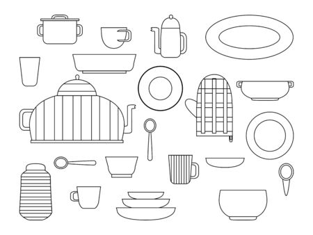 Collection of kitchenware and cookware set of kitchen utensils for home cooking and dishes for tea ore coffee drinking flat vector illustration, outline black whiteのイラスト素材