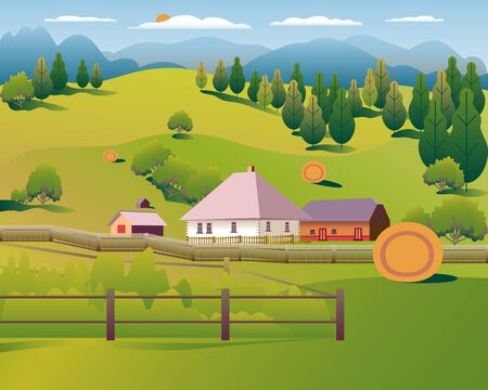 Hills and mountains landscape, house farm in flat style design. Outdoor panorama countryside illustration. Green field, tree, forest, blue sky and sun. Rural location, cartoon vector backgroundのイラスト素材