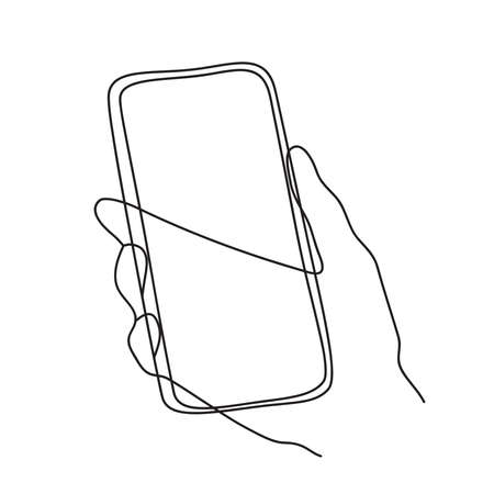 Minimalism hand drawn vector hand holding phone in modern abstract one line drawing graphic style. Decor print, wall art, creative design social media. Trendy template isolated on white backgroundのイラスト素材