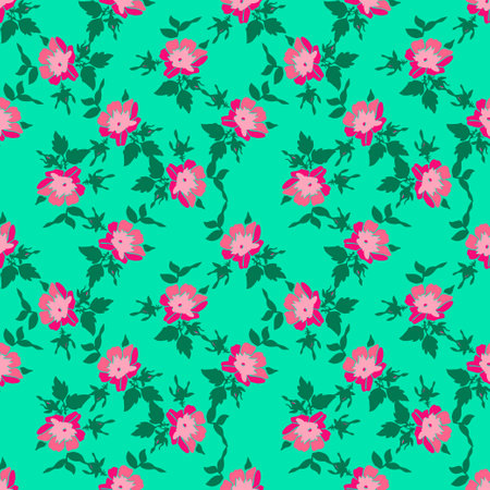 Drawing branches with flowers roses, bloom in pink colors.Floral seamless pattern, nature abstract background vector.Line art botanical illustration graphic design print. Trendy green bright wallpaperのイラスト素材
