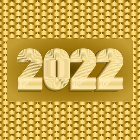 2022 Happy New Year. Abstract geometric cover design background. 3d dimensional 2022 numbers in thin lines striped style vector illustration. Annual Report, banner, brochure, label. Golden yellowのイラスト素材