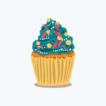 Cartoon cupcake with colorful shavings and blue cream decoration. Muffin isolated on white background. Dessert icon vector illustration, object flat design elementのイラスト素材