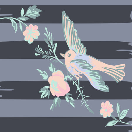 Drawing bird flying with flower roses tropical vintage print, seamless stripes pattern retro background in pastel colors. Vector illustration for design, fashion, textile, greeting card, invitationのイラスト素材