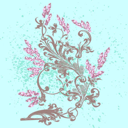 Hand drawn lavender flowers on cyan, abstract floral pattern cover design. Blossom greenery branches, trendy artistic background. Graphic vector illustration wedding, poster, greeting card, magazineのイラスト素材