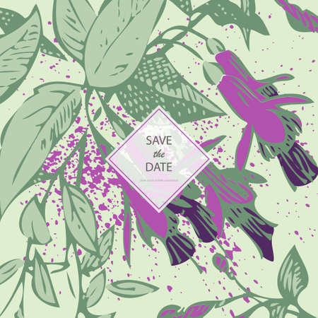 Attractively arranged bunch of flowers. Drawn fuchsia flowers, artistic vector illustration. Floral botanical trendy pattern, graphic design with watercolor splatter. Decorative abstract backgroundのイラスト素材