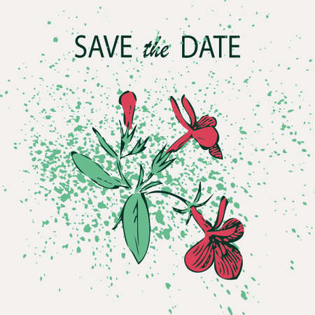 Attractively arranged bunch of flowers on white bacground. Drawn fuchsia flowers, artistic vector illustration. Floral botanical trendy pattern, graphic design with watercolor splatter.Green red colorのイラスト素材