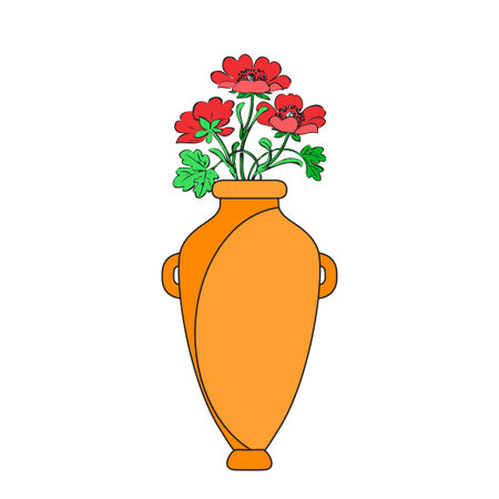 Colored vases with blooming flowers for decoration and interior. Red poppy bouquet in yellow vase isolated on white background. Vector illustrationのイラスト素材