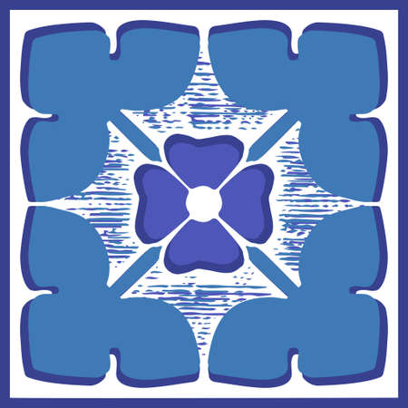 Simple floral ornament rosette in a square. Decorative Mediterranean motif. Floral mosaic tile pattern. Oriental arabesque blue print. Decor tile grunge texture. Traditional pottery tiling. Vectorのイラスト素材