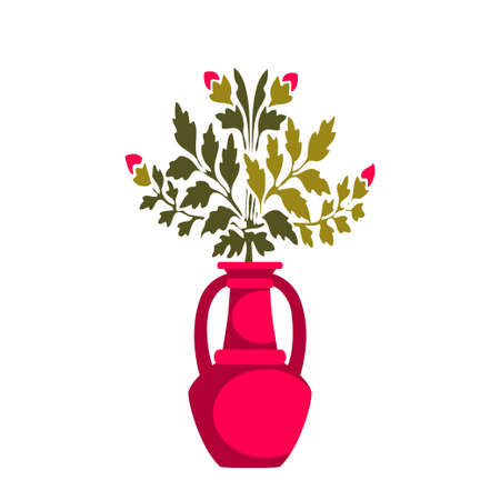 Drawn ceramic vase with a bouquet of wildflowers for decoration, celebration, greeting and interior. Flowers in pink vase isolated on white background. Vector illustration graphic design templateのイラスト素材
