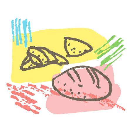 Doodle bread, cookie, croissant. Creative minimalist abstract background pastel colors. Graphic design wall decoration banner poster fashion cover template story post social media. Vector illustrationのイラスト素材