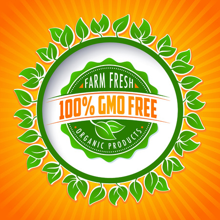 Eco green stamp label of healthy organic natural farm fresh food on radial sunny backgroundのイラスト素材