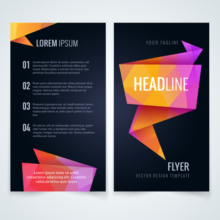 Vector business flyer or brochure layout template with colorful triangle pattern on dark backgroundのイラスト素材