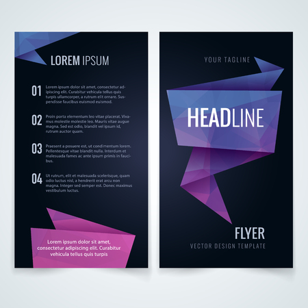 Vector business flyer or brochure layout template with purple triangle pattern on dark backgroundのイラスト素材