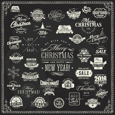 Set of calligraphic and typographic christmas elements, frames, vintage labels and borders.のイラスト素材